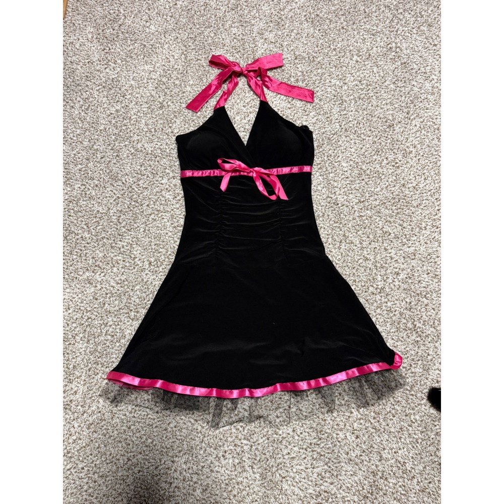 Taboo Womens Y2K Halter Mini Dress Black Pink Ribbon Tulle Hem Medium C10039C-TB